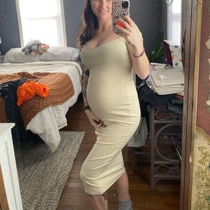 PinkBlush Maternitry Beige ribbed sweetheart neckline fitted dress